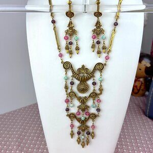 Vintage GOLDETTE Etruscan Festoon 3-Tier Beaded Bib NECKLACE & EARRINGS, 70s